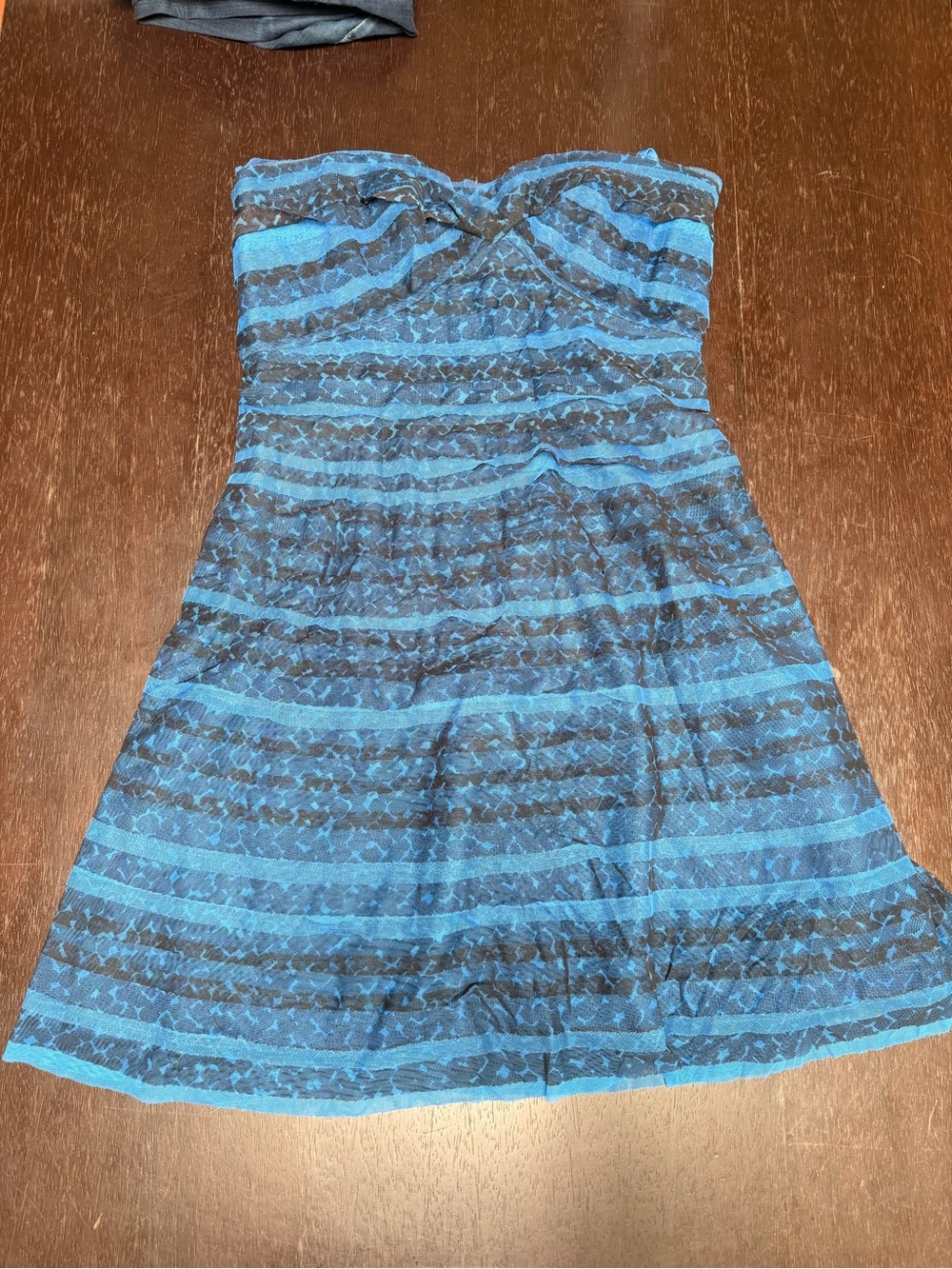 BCBGMaxAzria Blue and Black Strapless Lace Fit-and-Flare Dress